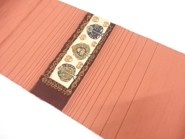 手織り紬　横段に抽象花模様織り出し　名古屋帯